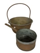 A Victorian brass jam pan and a saucepan.