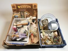 A quantity of decorative dolls and figures, an Italian inlaid music box, enameled items,