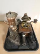 A set of 19th century scales, coffee grinder, irons,
