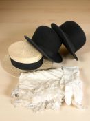 Two felt bowler hats, a straw hat, scarf, etc.