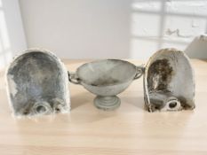 Two painted metal water troughs and a further twin-handled bowl.