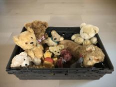 A group of teddy bears and soft toys including a mohair growler teddy bear.
