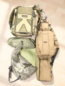 A Korum Transition back pack, landing net, 3m x 3m tarp,