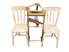 A pair of elm stick back chairs and a valet stand.