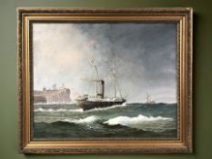 Fred Tordoff : A steamship at sea off Tynemouth, with the abbey beyond, oil on canvas,