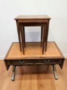 A reproduction mahogany drop leaf occasional table with tooled leather top, unextended 89 cm,