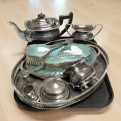 A EPNS three piece tea service, gallery tray,