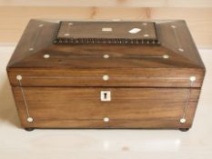 A Regency rosewood and mother of pearl inlaid sarcophagus work box with refurbished interior,