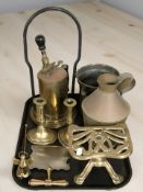 A pair of Victorian brass candlesticks, privet, spray can,