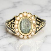 An antique 18ct gold pearl and enamel memorial ring, Chester marks,