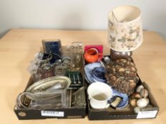 Assorted ceramics, drinking glasses, cutlery, polished onyx eggs, table lamp, etc.