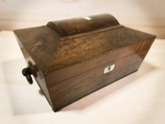 A Regency rosewood and mother of pearl inlaid sarcophagus work box, width 31 cm.