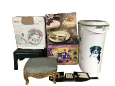 Two stools, boxed set of charger plates, plastic bin, foot spa in box, etc.