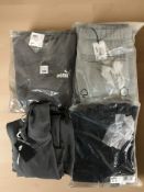 A Nike grey men's hoodie size L, a Puma crew sweater size M, a Carhartt pair of sweatpants,