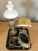 A pair of ornate brass wall sconces, twin handled planter, trivet,