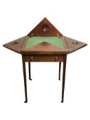 An Edwardian mahogany and satinwood-banded envelope card table, unopened 50 cm wide.