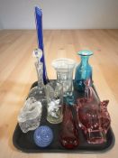 A group of Art Glass vases, paperweight, decanter,