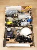 Assorted homewares, a Bresser telescopic sight on tripod, hole punchers, storage jars, etc.