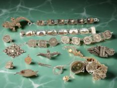 A silver and Blue John bracelet, a further continental silver enamelled bracelet, RAF brooch,