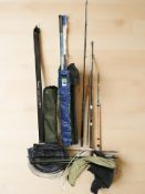A group of fishing rods and landing nets including Barrie Richards, Shakespeare, etc.