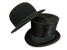 A gent's black silk top hat and a felt bowler hat.
