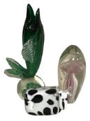 A studio glass dolphin paperweight and two others, tallest 28 cm.