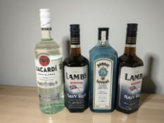 Two bottles of Lambs Navy rum, 70cl, a bottle of Bombay Sapphire dry gin, 1L,