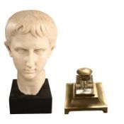 A resin bust of Augustus Caesar, height 37 cm, together with a brass and glass ink well.