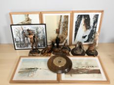 Assorted figurines including Royal Doulton, treen items, a barometer, several pictures.