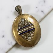 An antique 15ct gold pearl and enamel locket, length 4cm CONDITION REPORT: 11.