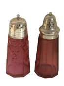 Two cranberry glass and EPNS sifters,