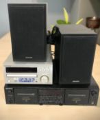 A Sony stereo cassette deck TC-WE675, and a Denon CD receiver with a pair of speakers.