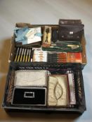 A group of boxed cutlery sets, a Masonic apron and other items, several lady's purses.