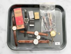 A quantity of pens including Conway, Zippo lighters, Hadson engraved Newcastle United lighter,