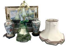 Two oriental style lamp bases, a further lamp base in the form of a frog and a Grand National print.