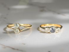 An 18ct gold two stone ring, and a further sapphire and diamond ring, unmarked.
