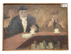 Elisabeth Peance (20'th Century Continental School) : Bar Scene with Three Gentleman, oil on board,