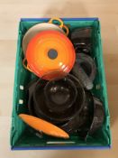 Two Le Creuset cast iron twin handled cooking pans with lids,