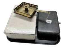 A Georgian brass chamber stick and two enameled boxes with keys.