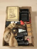 A pair of Tasco 10x50 binoculars, together with a fox stole, a miniature oak coffer,
