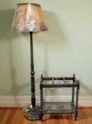 An Edwardian oak bobbin turned stick stand, width 59 cm, together with a standard lamp.