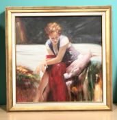Contemporary School : Portrait of a seated lady, oil on board, initialled PM lower left,