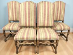A set of six reproduction Queen Anne style high backed dining chairs in studded striped fabric.