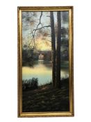 20th Century School : A chateau by a lake, oil on canvas, indistinctly signed lower left,