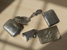 Two silver vesta cases, a small stamp box,