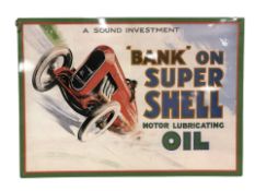A reproduction Super Shell motor oil sign, 50 cm x 70 cm.