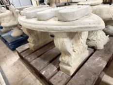A curved concrete twin pedestal garden bench, width 102 cm.