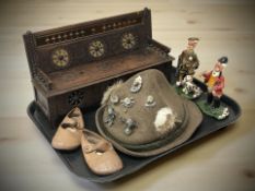 A miniature carved beech box settle, length 37 cm together with a Bavarian hat,