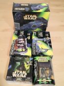 Five Hasbro Star Wars figures comprising Boba Fett, Jawa, Death Star Escape, Detention Block Rescue,