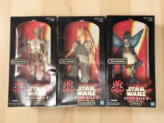 Three Hasbro Star Wars Episode I figures comprising Jar Jar Binks, Battle Droid and Watto,